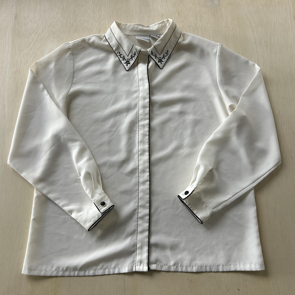 Vintage Koret Button Up Shirt Womens 14 White Satin Collar Long Sleeve Top